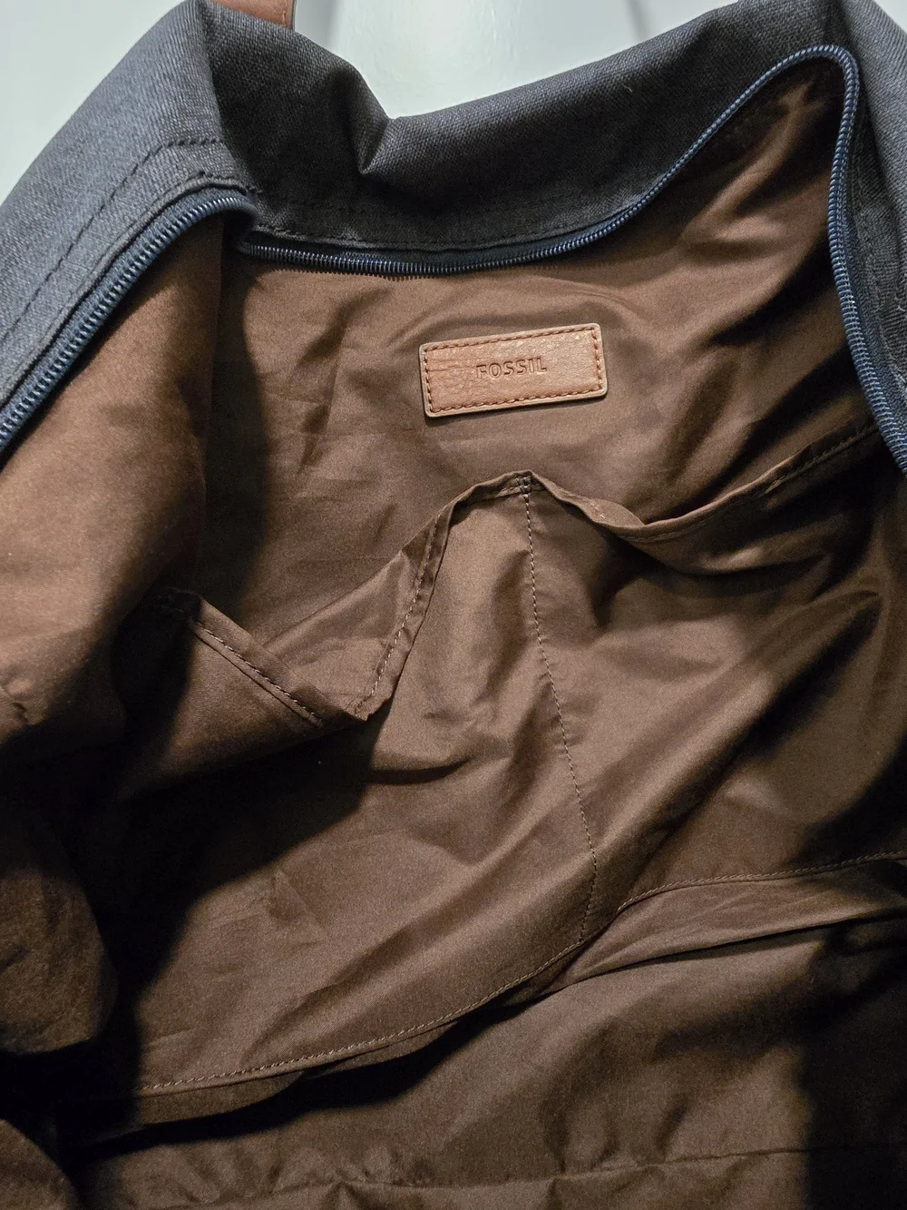 Fossil Men’s Denim Canvas & Brown Leather Duffle Bag